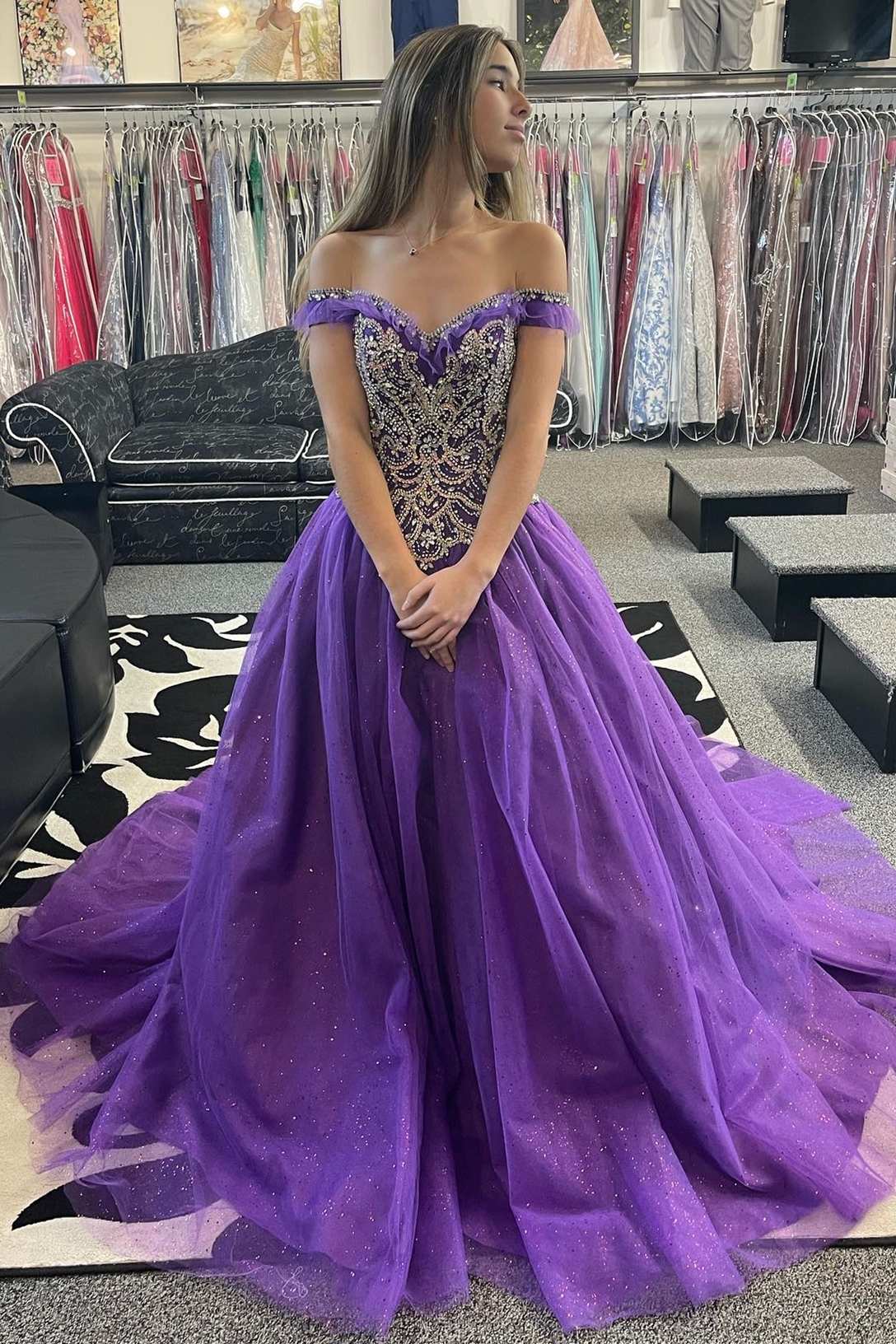 purple off the shoulder dress